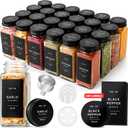 Glass Spice Jars with Label and Black Aluminum Lids (24 x 4oz) Spice Containers with 240 Labels, Shaker Inserts, Steel Funnel, Empty Square Seasoning Organizer (Black Aluminum Lid)