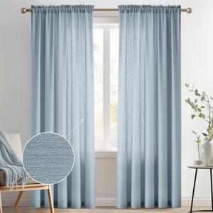 Melodieux Dusty Blue Semi Sheer Curtains 84 Inches Long for Living Room, Bedroom Linen Look Farmhouse Rod Pocket Shiny Sheer Curtain Drapes Light Filtering Home Office, 52" W x 84" L, 2 Panels