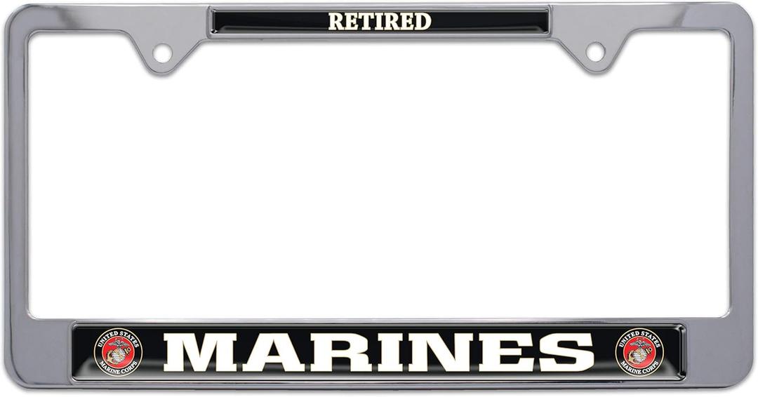 Elektroplate Officially Licensed  United States Retired Marine Corps Chrome-Plated All-Metal Open Corner License Plate Frame Tag Holder for Cars/SUVs/Trucks Weather-Proof Automotive Accessory (Standard Size)