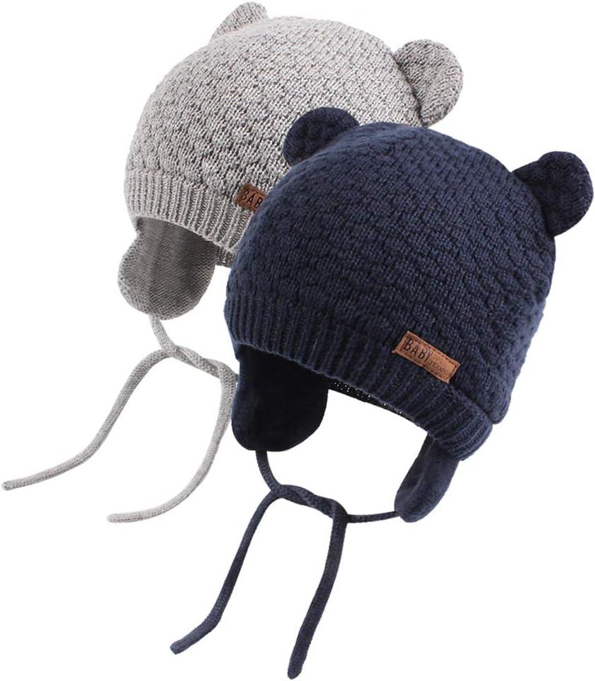 XIAOHAWANG Baby Hat Cute Bear Toddler Earflap Beanie Warm for Fall Winter (0-6 Months, A-set Grey+navy)