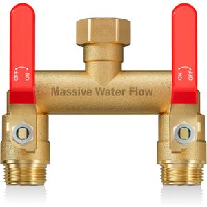 Hose Splitter 2 Way Heavy Duty, Full Flow Garden Hose Splitter with 2 Long Metal Handles, Brass Rust and Freeze Resistant Water Hose Bib Splitter, T Adapter Connector with 3/4 - Inch GHT Thread Red