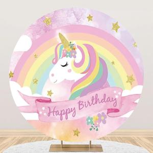 Renaiss 7.2x7.2ft Colorful Unicorn Round Backdrop Covers for Photoshoot Kids Girl Portrait Golden Stars Rainbow Circle Photography Background Happy Birthday Party Decors Photo Booth Props Yard Sign