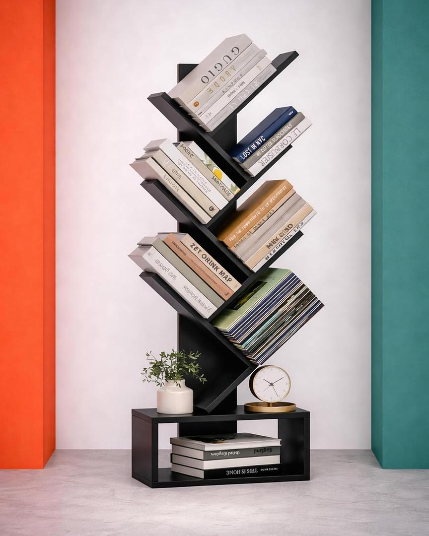 XBurmo 6 Tier Tree Book Shelf - Small Bookshelf Decor, Corner Bookshelf, Living Room Storage, Tall Narrow DVD & CD Shelf Storage Bookshelves, Comic Bookcases Standing for Bedroom or Office, Black