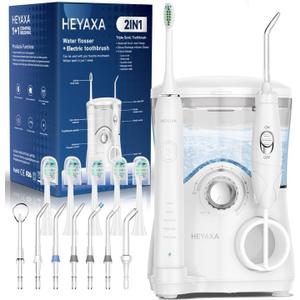 Water Flosser & Ultrasonic Electric Toothbrush Combo, 600ML Water Dental Flosser with 7 Jet Tips, 10 Adjustable Water Pressure, 5 Toothbrush Heads for Home Use, Gums, Braces (White)