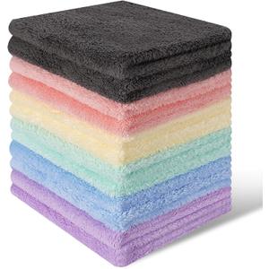 Microfiber Cleaning Cloths, 12 Pack Coral Fleece Cleaning Rags for Housekeeping, Highly Absorbent Reusable Cleaning Towels,10"X10"(Multicolor)