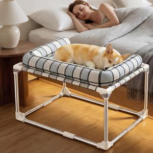 Bedside Cosleeper Dog Cat Bed - Height Elevated Dog Bed with Bloster Extension Attached to Human Bed Dog Cat Window Perch Bedside Lounge Elevated Dog Bed with Pillow (34 x 26 x 20 Inch)