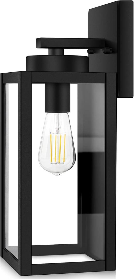 BesLowe Outdoor Wall Mount Light Fixture, Exterior Wall Lantern Waterproof, Black Outside Porch Sconce Lighting with Matte Black Finish & Glass Shade for House Garage Doorway Patio, E26 Socket (12.8" (1-Pack))