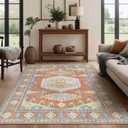 Kokia Area Rugs Living Room 9x12 Ultra-Thin No Pile Washable Maple Red Large Area Rug Bedroom Geometric Tribal Distressed Lightweight Carpet for Dining Room Home Office (Maple/Turquoise/Mustard/Lapis)