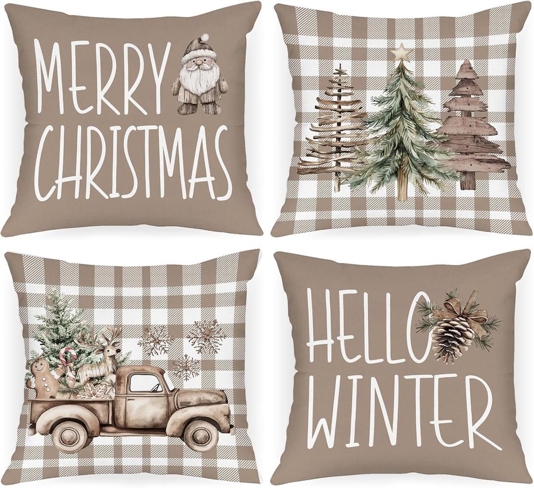 Lanpn 16x16 Christmas Throw Pillow Covers Set of 4, Brown Merry Christmas Pillow Covers, Xmas Tree Pillowcase Holiday Pillow Case Decorative Cushion Cover for Room Couch Sofa Home Decor