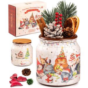 PieceRelax 3D Puzzle Jar 96 Plastic Pieces, Includes Dried Flowers - Phoenix Chan - Purrfect Christmas Party Use Includes Divider as a Pen or Utensil Holder with Wooden Lid [BB1052]
