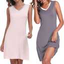 COLORFULLEAF Bamboo Rayon Nightgowns for Women Soft Sleeveless Nightshirts Cooling V Neck Sleepwear Tank Tops Pajama Dress 2-Pack(Pink&Grey, 2XL)