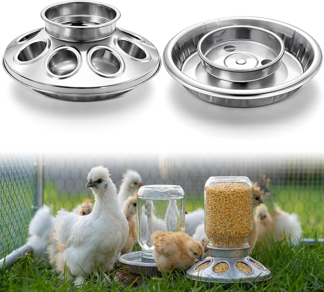 Potchen 2 Pcs Baby Chick Feeder and Waterer Base, Galvanized Steel Feeding Tray with 8 Holes, 1 Quart Compatible with Mason Jars & Standard Jars for Small Birds Chicks(Feeder and Waterer)