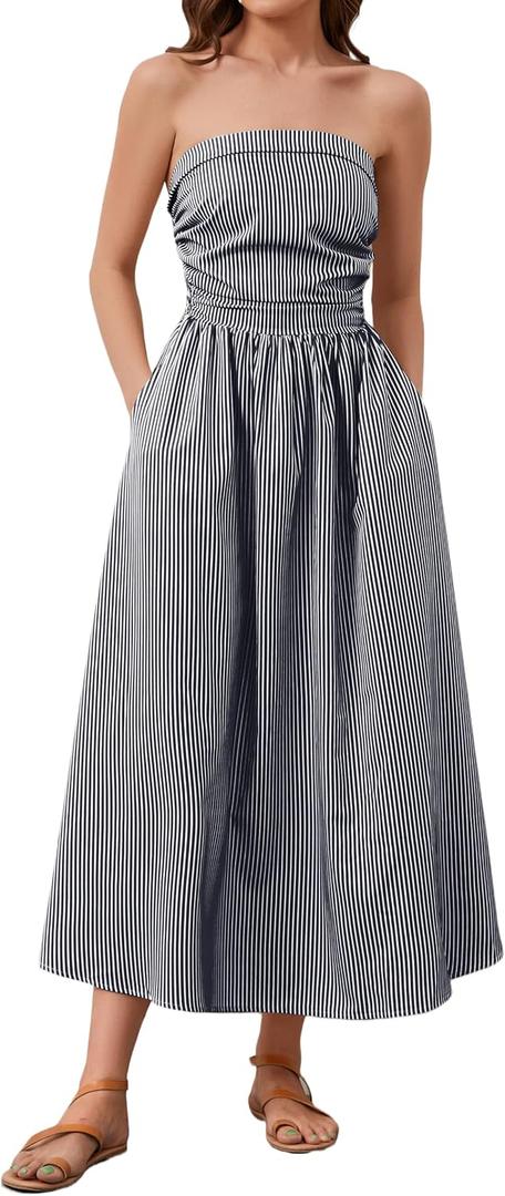 Dsewpaur Women Striped Strapless Maxi Dress Summer Casual Sleeveless Flowy Tube Long Dress with Pocket