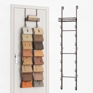 SWTYMIKI Over The Door Purse Organizer - Wall Mounted Handbag Organizer with 16 Hooks and Metal Basket, Hanging Purse Storage Rack Holds up to 16 Bags, Bag Rack Can Use As 1/2 Part, for Door, Closet (9-Tier, Brown)