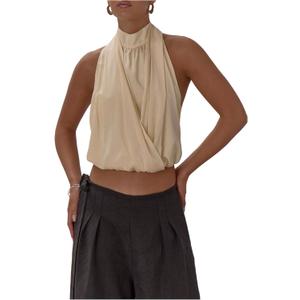 MakeMeChic Women's Draped Crop Halter Top Sleeveless Tie Open Back Fitted Tank Tops (Small)