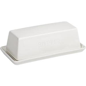 Ceramic Butter Dish with Lid, Farmhouse Butter Keeper Tray with Embossed Lettering for Countertop or Refrigerator, Microwave & Dishwasher Safe, White, 7.5x3.7x2.7 Inches