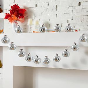 Breling Disco Pumpkins Garland for Mantle 8.2ft Glitter Pumpkins Garland for Thanksgiving, Silver Disco Table Decor Retro 70s 80s Theme Decor Mini Artificial Craft for Autumn Indoor Outdoor Decoration