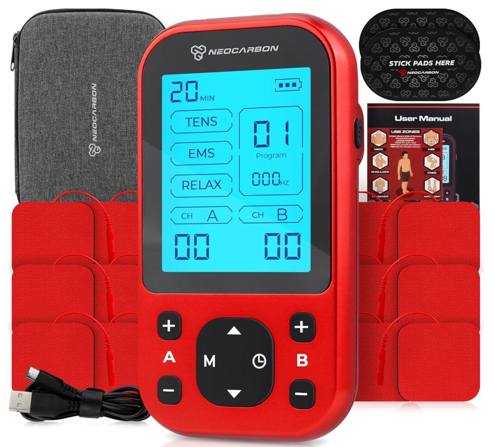 TENS Unit Muscle Stimulator Pro for Back Pain Relief, Shoulder Recovery and Physical Therapy, Electronic EMS Massager Machine with PMS Pulse for Effective Shock Therapy, Red