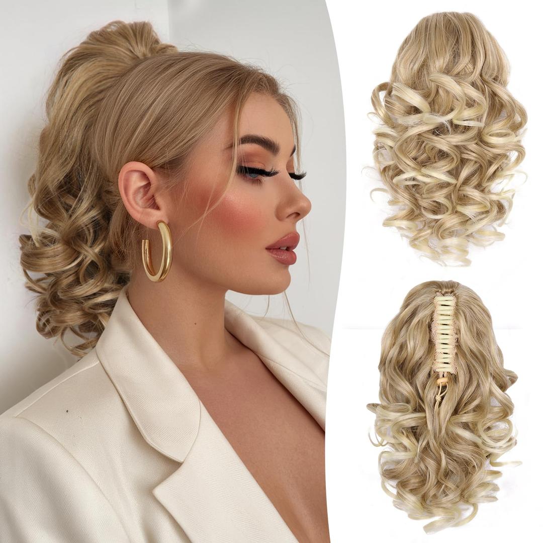 12 Inch Ponytail Extension - Soft Wavy Pony Tails Hair Extensions, Claw Clip Ponytail Extension, Synthetic Hair Extensions Ponytail, Clip in Ponytail (Color: Medium Blonde With Bleach Blonde Ends)