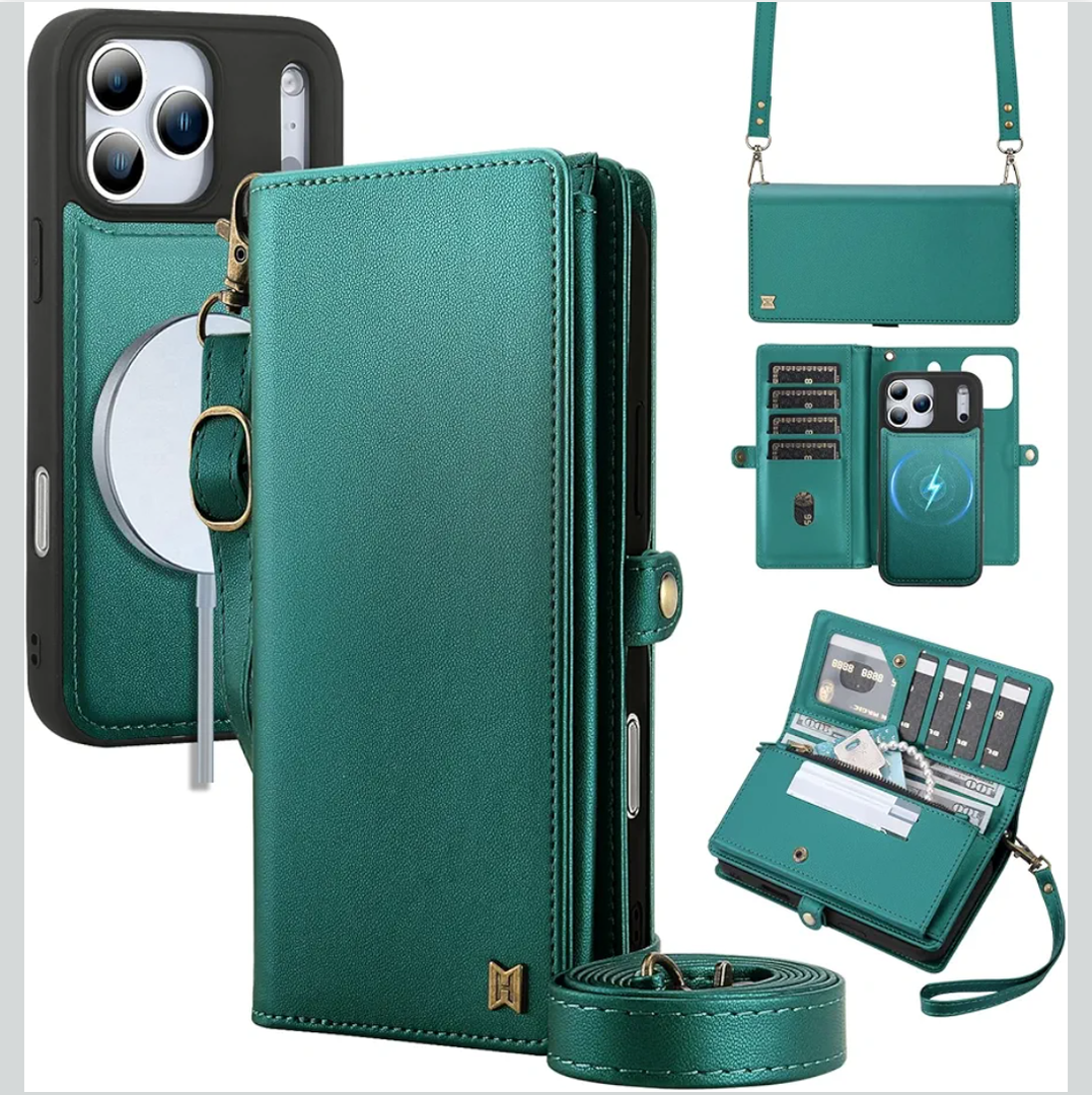 for Wallet Case Compatible with iPhone 17 Pro Max,Multi-Function Detachable 2 in 1 Magnetic iPhone 17 Pro Max Case Wallet,Flip Strap Zipper Card Holder Phone Case with Shoulder Straps (Green)