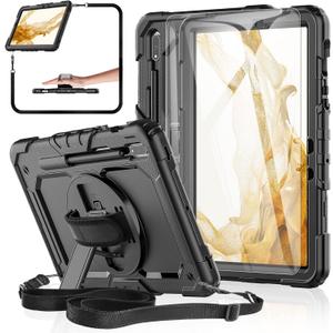 Case for Samsung Galaxy Tab S8/S7 11-inch 5G Tablet Case 2022/2020, [with Tempered Glass Screen Protector],360 Rotating Kickstand/Hand & Shoulder Strap/S Pen Holder (Black)