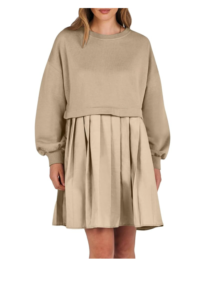 Women's Oversized Sweatshirt Dress, Long Sleeve Crewneck Pullover Tops Patchwork Pleated Pullover Mini Dress, Khaki 