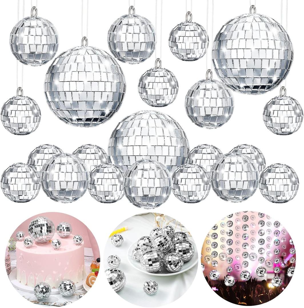 MTLEE 20 Pcs Disco Balls Decoration Mirror Disco Ball Assorted Silver Hanging Mini Glass Different Sizes Reflective with Rope for 70s Wedding Dance Music Prom Props(3.9 Inch, 3.15 Inch, 2 Inch)