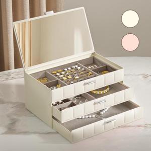 VUSIGN Jewelry Box for Women, 3 Layer Jewelry Organizer with Mirror, Jewelry Storage Case with Removable Pad, Customizable Jewelry Boxes for Rings Earrings Necklaces, White
