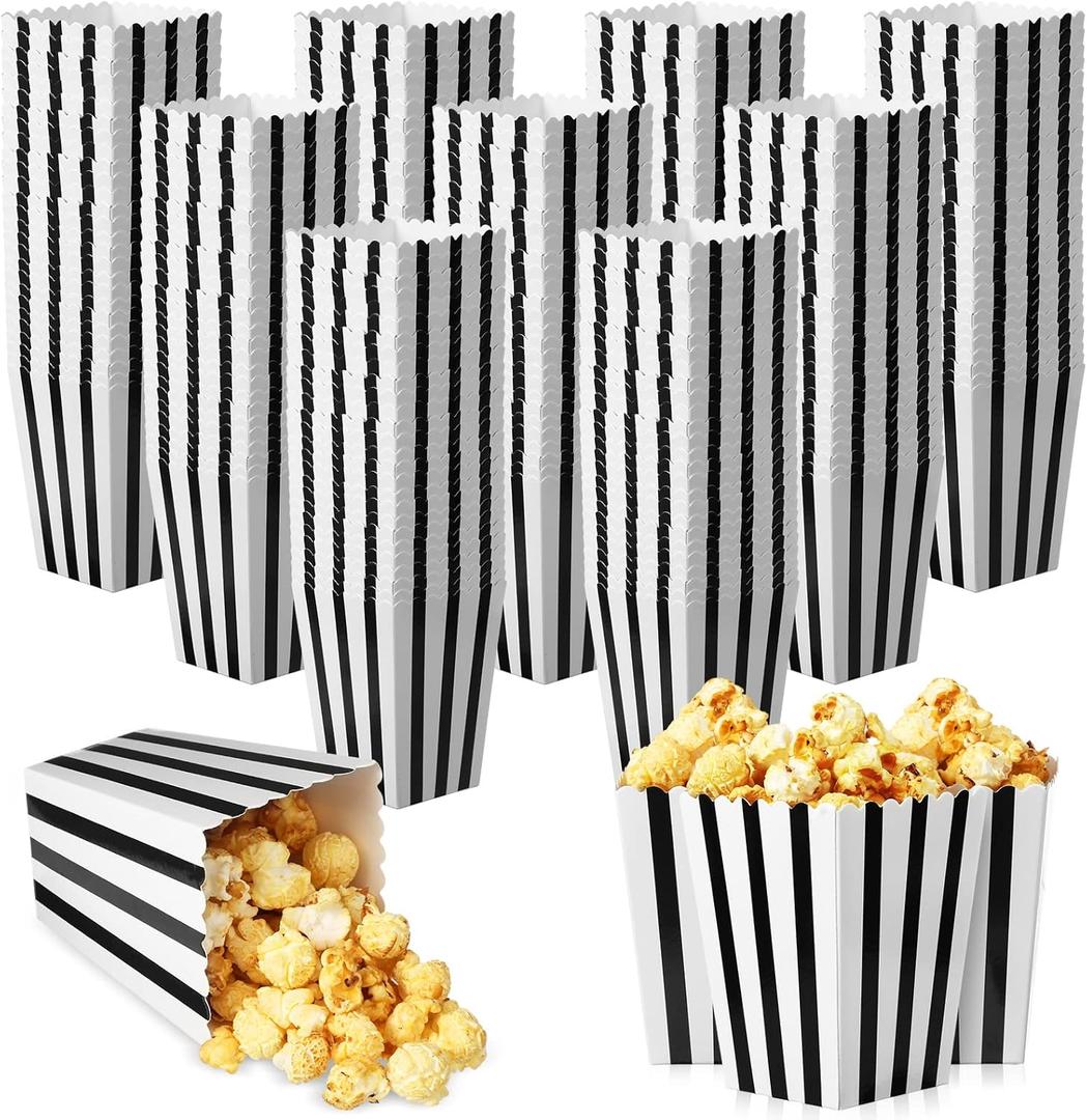 Meanplan 200 Pcs Popcorn Boxes Mini Paper Popcorn Holder Cardboard Snack Container for Party Disposable Snack Bags for Birthday Wedding Movie Theater Carnival, 2.2 x 4.2 x 3 In(White Black,Stripe)
