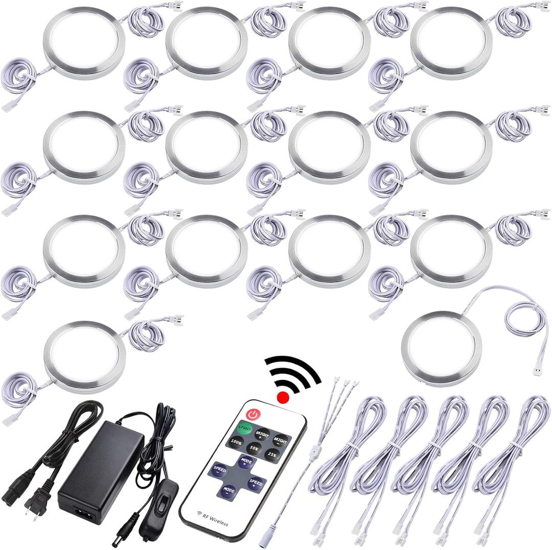 Under Cabinet Lighting Kit, Curio Display Case Lighting, Dimmable Wireless RF Remote Control, Linkable Wired LED Puck Lights, AC120V to DC12V, Hardwired or Wall Plug, Daylight, 14 Lights