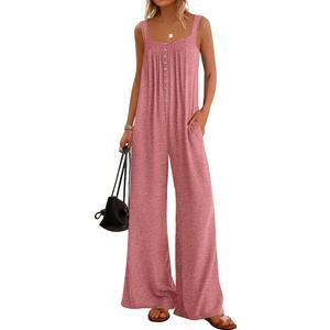 KIRUNDO Summer One Piece Jumpsuits For Women 2025 Casual Loose Button Sleeveless Romper Knit Wide Leg Overalls With Pockets, Size XL