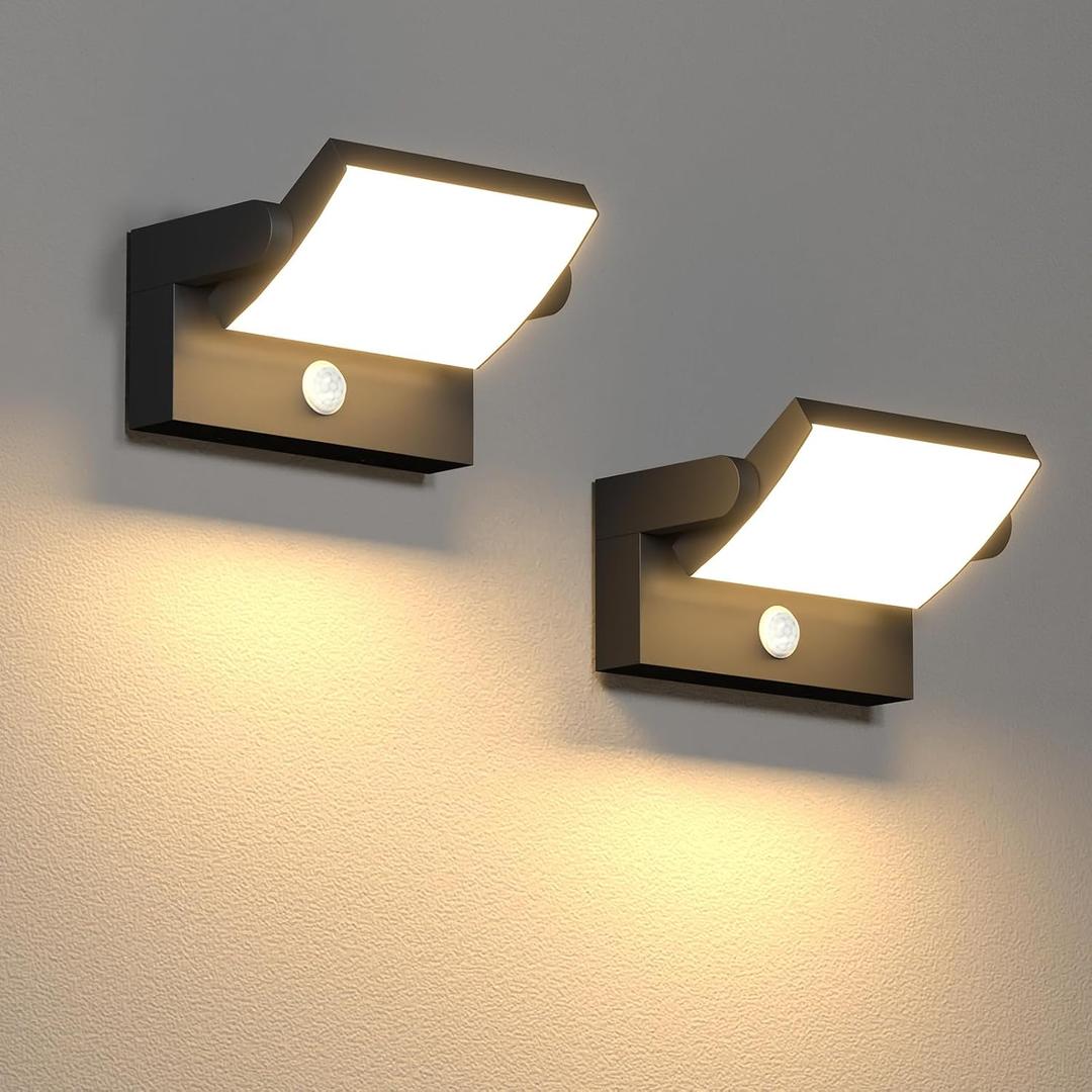 Motion Sensor Outdoor Flood Lights, Modern Aluminum Porch Sconce Lights with 360 Adjustable Head, LED Exterior Wall Sconce for Garage, Waterproof, Black, 3000K, 2 Pack
