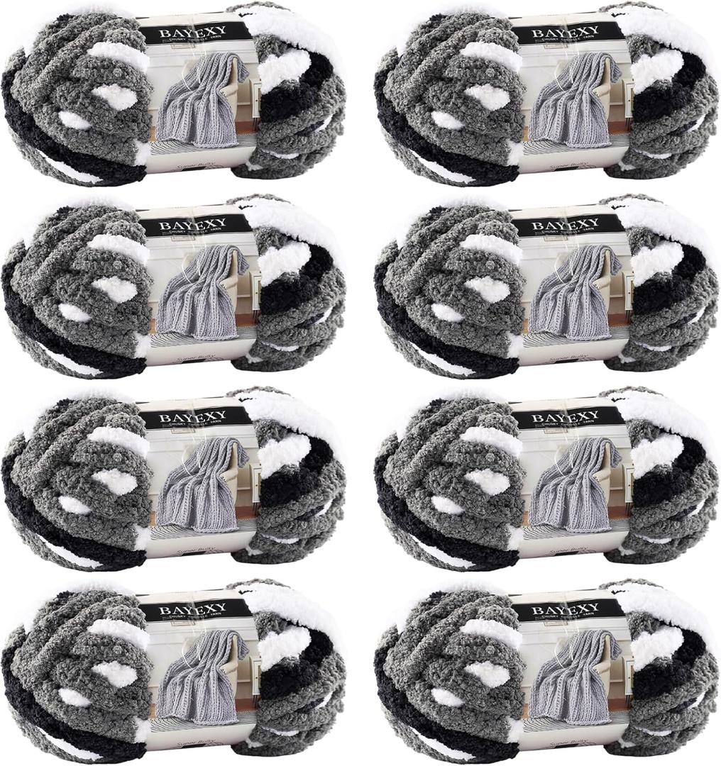 Chunky Chenille Yarn for Hand Knitting 8 Jumbo Pack Jumbo Chunky Yarn for Hand Soft Blanket Knitting, Bulky Thick Fluffy Yarn for Crocheting (Panda Color)