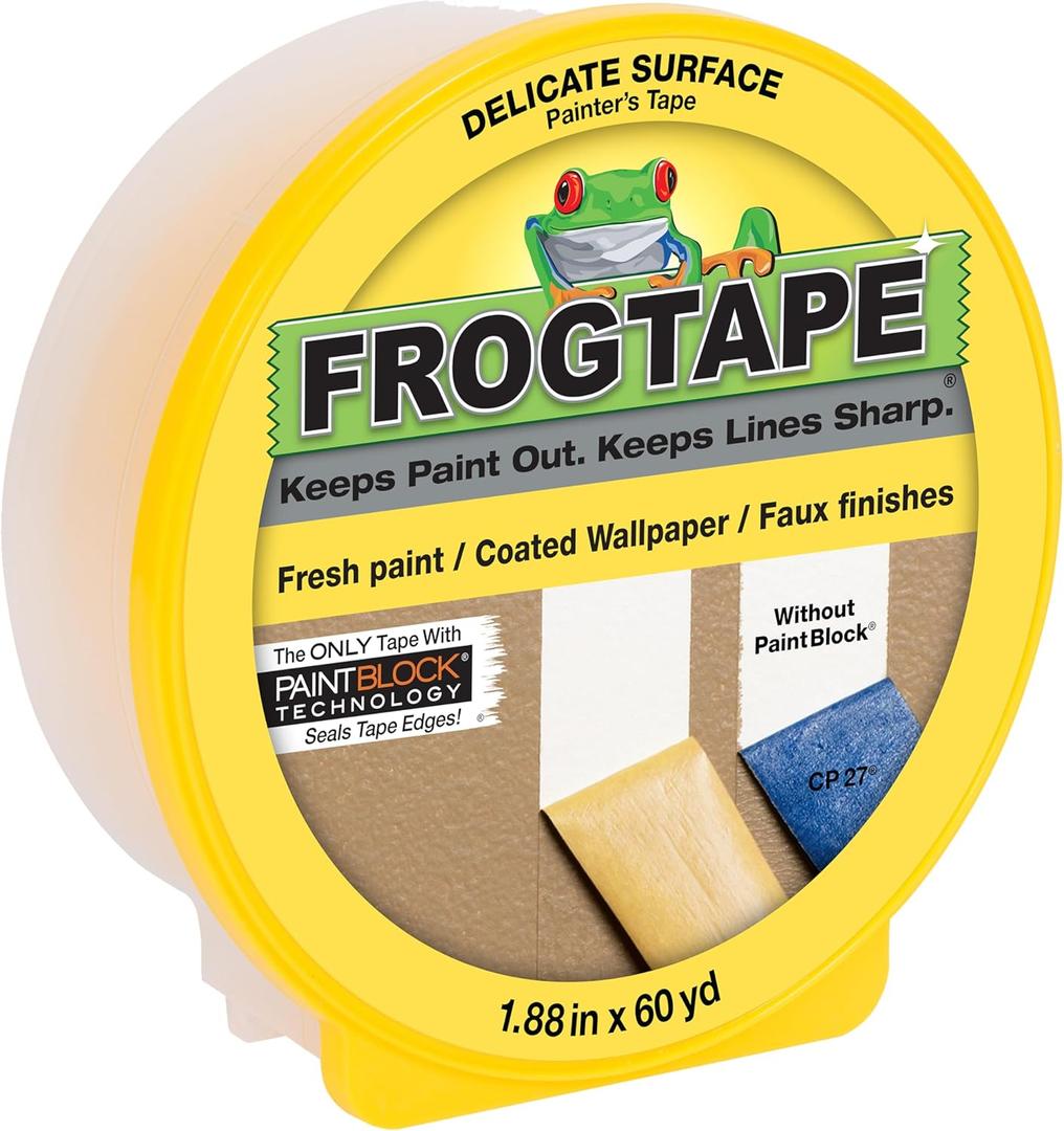 FrogTape Delicate Surface Painters Tape with PAINTBLOCK, 2 Inch Wide (1.88 In. x 60 Yds), Low Adhesion, Ideal for Freshly Painted Walls, Trim & Surfaces, Yellow, 1 Roll (280222)