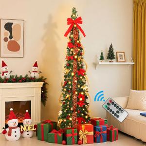 6ft Pop Up Prelit Pencil Artificial Christmas Tree with Remote Control, Slim Collapsible Christmas Tree Pre-Decorated Red&Gold Decorations, Pre-Lit Warm White&Multi-Color Lights for Xmas Decor, 6 FT