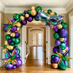 Mardi Gras Purple Green Gold Balloon Garland Arch Kit 101 Pcs with large mylar Star Mardi Mask foil Balloons for 2025 Birthday Masquerade fat Tuesday Theme party Decorations (Purple Green Gold)