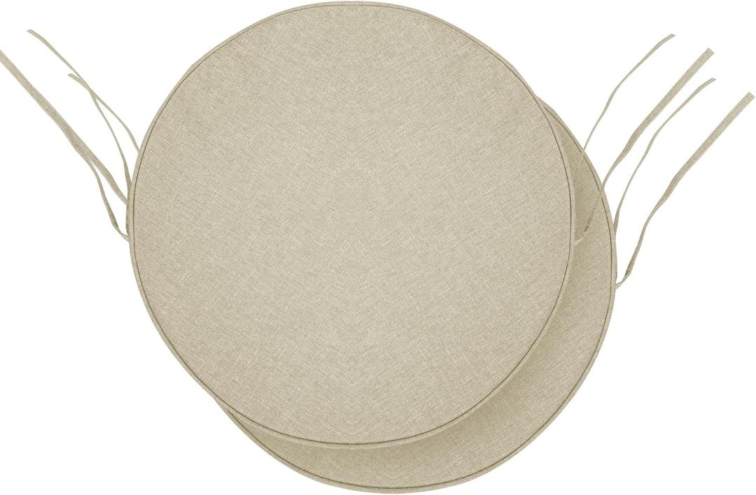Outdoor Round Chair Cushions 15 Inch, Fade-Resistant & Water-Resistant, Bistro Chair Seat Pads for Porch Garden Balcony Patio Furniture Stools, Non-Slip Bottom, Set of 2, Beige