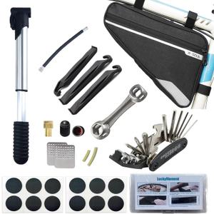 Bike Repair Kit,Mini Bicycle Pump, Bike Tire Repair Tool Kit Contains 16-in-1 Tool, Water-Resistant Bike Triangle Pouch, Used for Mountain Bike and Road Bike.