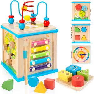 WOODMAM Wooden 7-in-1 Activity Cube, Montessori Toys for 1 Year Old Toddlers, Baby Educational Developmental Toys, One Year Old Boys Girls First Birthday Gifts with Bonus Sorting & Stacking Board (Blue)