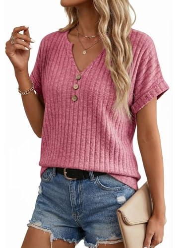 Linpacious Womens Henley Tunic Tops, Relaxed Fit Short Sleeve V Neck Ribbed Knit T Shirts, Flowy Spring Summer Blouse for Leggings, Burgundy X-Large