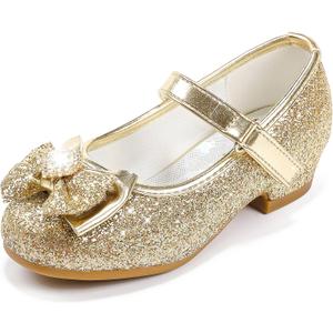 Furdeour Girls Dress Shoes Mary Jane Wedding Flower Bridesmaids Heels Glitter Princess Shoes for Kids Toddler (Gold)
