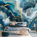 AFZEVEB-Blue and Gold Marble Wallpaper Abstract Art Wall murals for Bedroom 136"x96" (Not Peel and Stick) (A016)