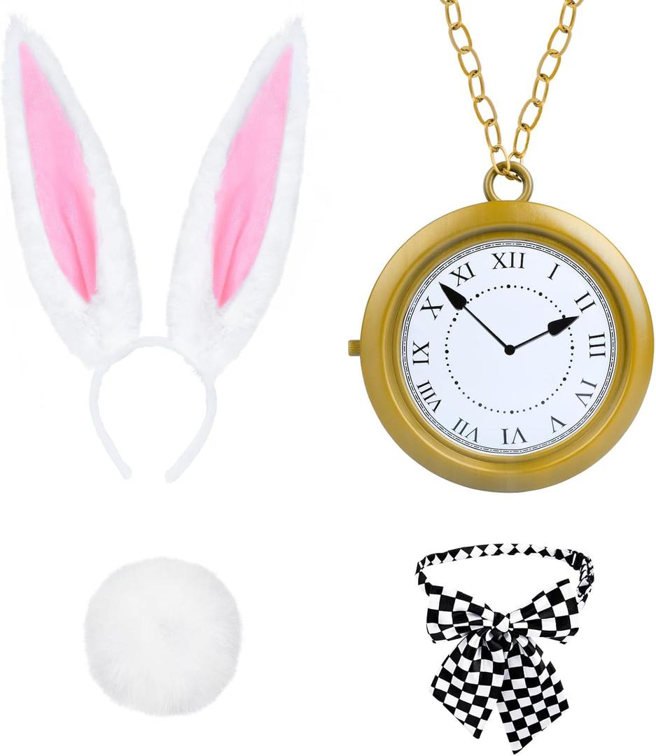 4 PCS White Rabbit Costume Accessories,Bunny Ears Headband and Tail Bow Tie Clock Necklace for Adult Kids Easter Halloween Dress Up