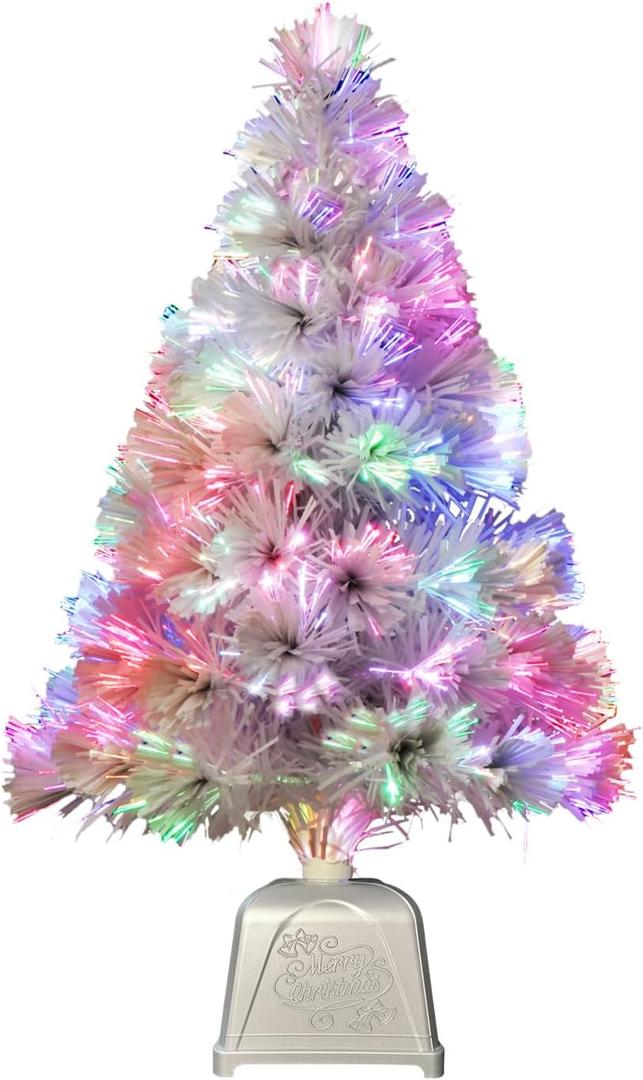 Pre lit Mini Christmas Tree, Tabletop Artificial Fiber Optic Christmas Trees with Silver Base -24 Inch (White)