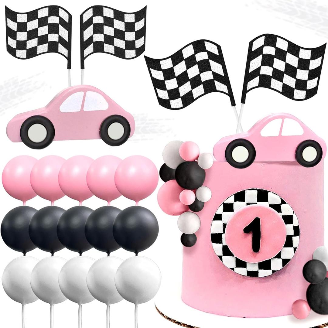 Pink Race Car Cake Decorations Car Cake Topper Checkered Flag Cake Topper Growing Up Two Fast Birthday Decor For Birthday Decorations & Racing Cake Toppers with Black Red Blue Balls Trophy Stars for Racing Birthday Party Decorations Supplies