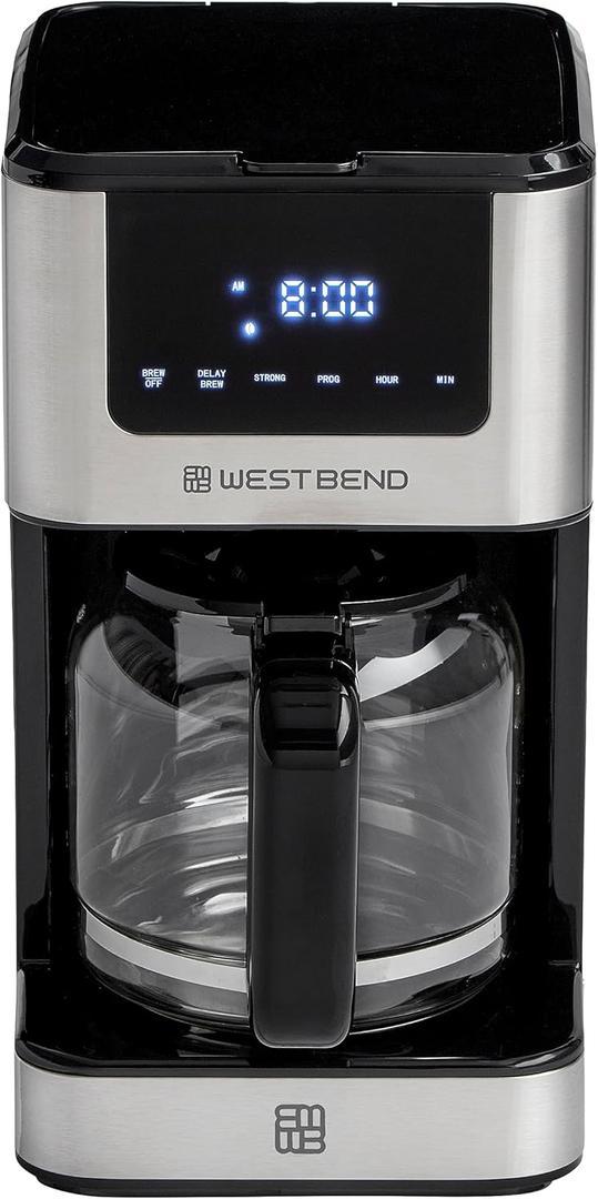 West Bend Drip Coffee Maker Brews Hot or Iced, Programmable with Brew Strength Selector Auto Shut-Off and 6 Functions Permanent Mesh Filter and Glass Carafe, 12-Cup, Metallic