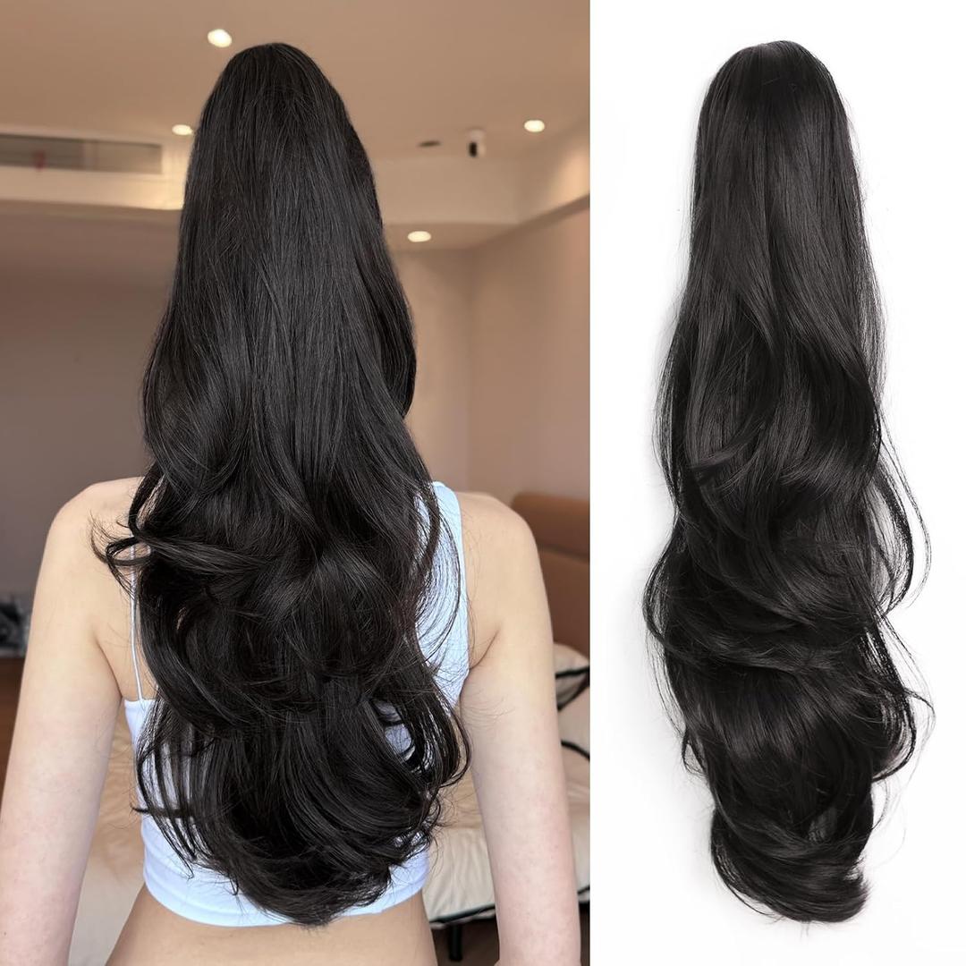Clip On Ponytail Extension for Women 24'' Fluffy Layered Wavy Fake Ponytail with Claw Clip Hairpiece Heat Resistant Synthetic Hair Extensions Wedding Party Daily Use(Natural Black, 7.5OZ)