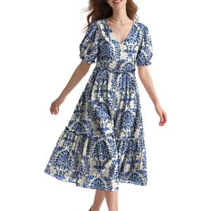 YESNO Summer Floral Midi Dresses for Women V Neck Puff Short Sleeve Frill Trim Dress with Pockets EVX (XXXL)