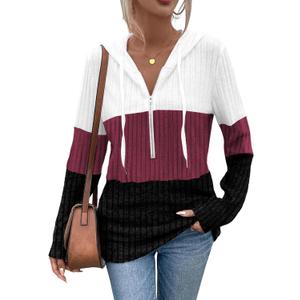 Womens Sweaters Fall Clothes Color Block Half Zip Womens Hoodies Elegant Sweatshirts Lightweight Tops Fashion Tunic (Large, Burgundy-black)