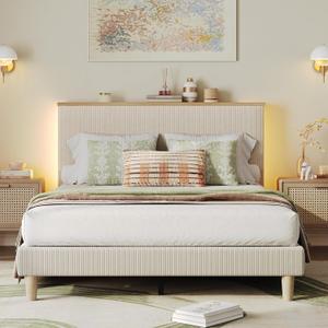 Bestier Full Bed Frame with Adjustable Headboard & LED Lighting, Corduroy Upholstered Platform Bed Frame with Storage Shelf, Solid Wood Slats, No Box Spring Needed, Never Squeak, Easy Assembly, Beige